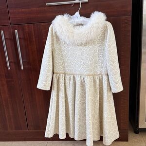 Janie and Jack Cream Dress with Faux Fur Collar